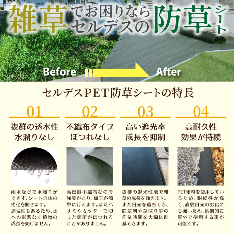 (コストコ) セルデス PET防草シート 100g/平米 1x50m 2本 & U字固定ピン 50本 x 2袋 セット - 画像 (3)