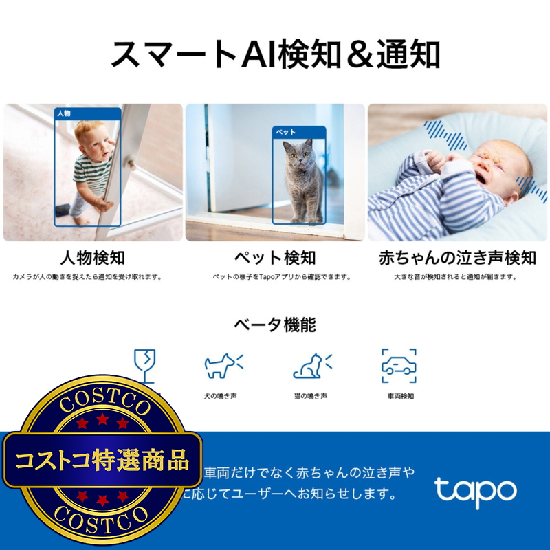 (コストコ) TP-Link Tapo 3K, 5MP 屋内カメラ ホームカメラ ペットカメラ 夜間撮影 通話 パン/チルト メーカー保証3年 Tapo C230 2個セット - 画像 (4)