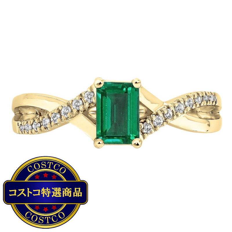 (コストコ) 18K イエローゴールド 0.1カラットダイヤモンド＆合成エメラルド リング