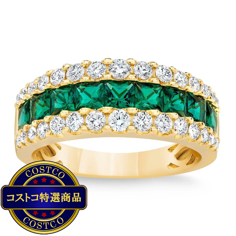 (コストコ) 14K イエローゴールド 0.70カラット ダイヤモンド & 合成エメラルド リング