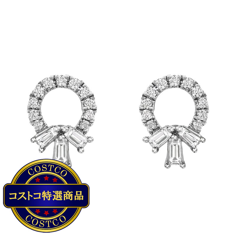 (コストコ) 18Kホワイトゴールド 0.22カラット ラウンド＆タッパーバゲット ダイヤモンド リースデザインピアス