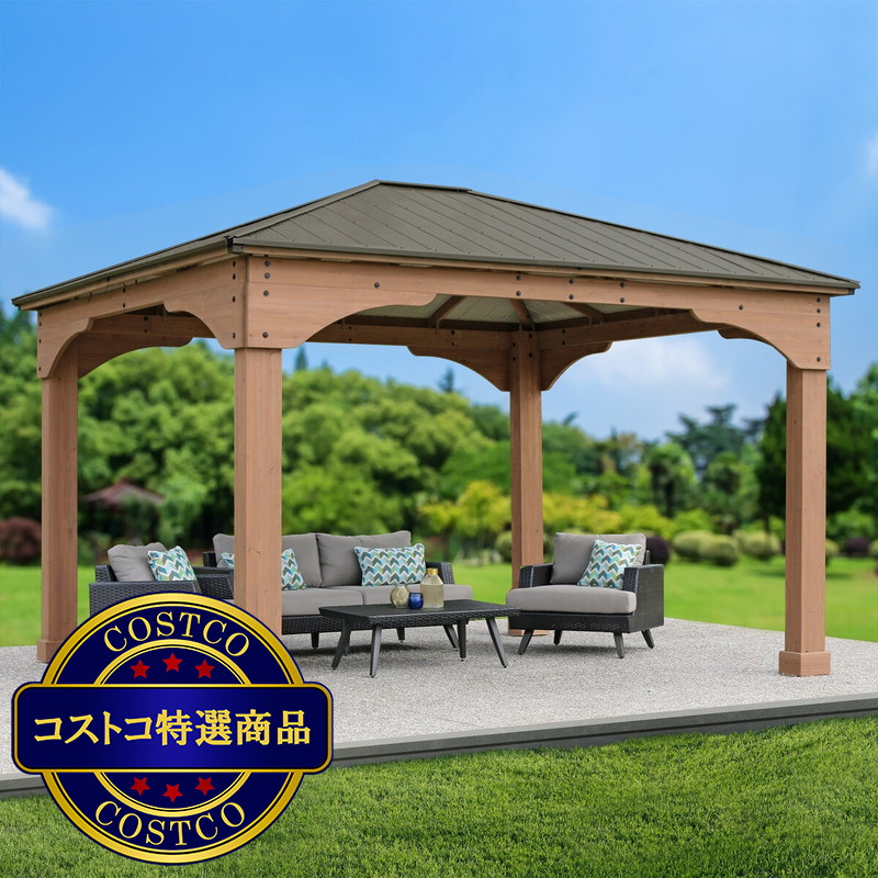 (コストコ) Yardistry 12x14 フィート (3.6 x 4.2m) ウッドガゼボ アルミ製屋根 - 画像 (2)