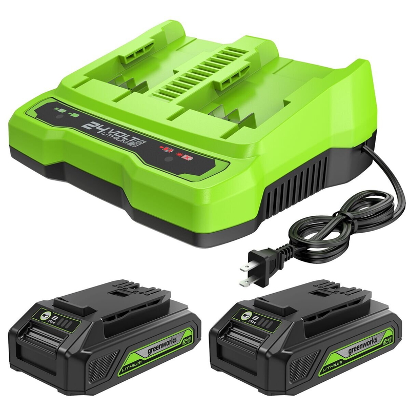 Greenworks 24V 2Ah 電動工具用バッテリー【2個】＆2口充電器 CKG70010 長持ちセット