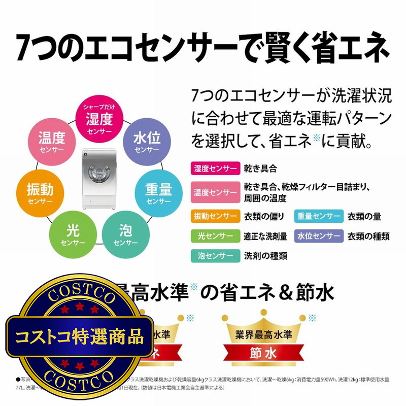 (コストコ) シャープドラム式洗濯機 洗濯 12kg 乾燥 6kg - 画像 (4)